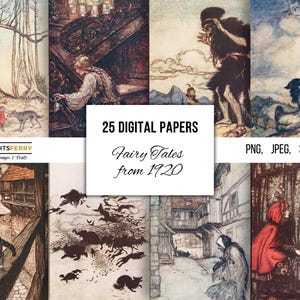 Ilustrações de livros de contos de fadas antigos, itens efêmeros para impressão, arte de parede, scrapbooking de diário de lixo, criação de cartões, por volta de 1920, 25 imagens