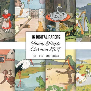 Ilustraciones de libros infantiles alemanes antiguos, efímeras imprimibles, impresiones de arte mural para guarderías, álbumes de recortes, fabricación de tarjetas, 1909