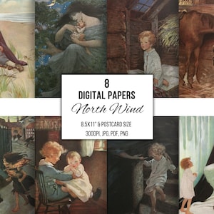 Ilustraciones de libros antiguos de North Wind, efímeras imprimibles, arte mural, álbumes de recortes, fabricación de tarjetas, 1919