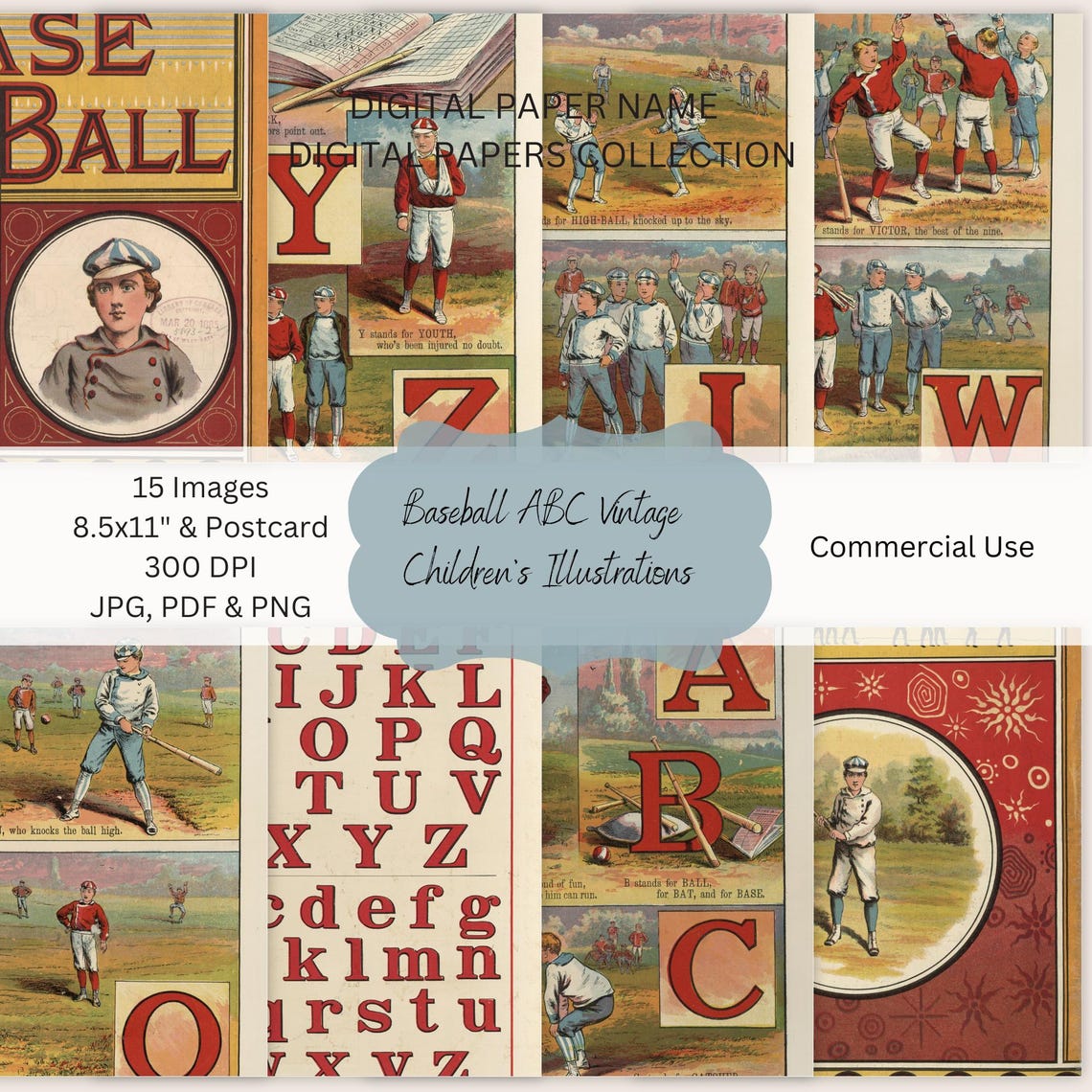 Baseball ABC Vintage Illustrations: Printable Ephemera (digital ...
