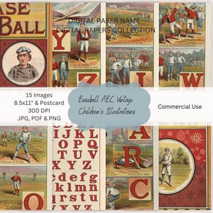Ilustraciones de libros infantiles antiguos con el abecedario de béisbol, material efímero imprimible, arte mural, álbumes de recortes, fabricación de tarjetas, 1885