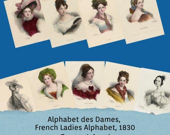 French Fashion Plate Journal Cards, Victorian Junk Journal Cards,  Antique Illustrations, 28 Cards, Alphabet des Dames 1830