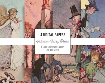 Vintage Fairy Tale Book Illustrations, Printable Ephemera, Wall Art, Junk Journal Scrapbooking, Card Making, 1918