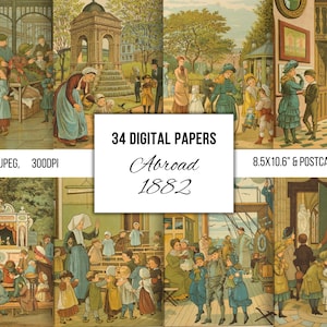 Ilustraciones de libros infantiles victorianos antiguos, material efímero imprimible, arte mural para guardería, álbumes de recortes para diarios basura, fabricación de tarjetas, en el extranjero, 1882