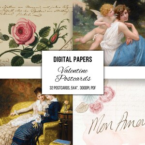 Cartões postais vitorianos de São Valentim, imagens vintage, itens efêmeros para impressão, arte de parede, scrapbooking de diário de lixo, criação de cartões, 32 imagens, PDF