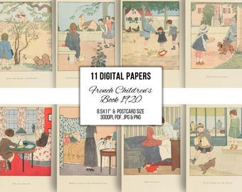 Vintage French Children's Book Illustrations, Printable Ephemera, Wall Art, Junk Journal Scrapbooking, Card Making, 1920