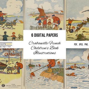 Ilustraciones de libros infantiles franceses antiguos, material efímero imprimible, arte mural para guardería, álbumes de recortes, fabricación de tarjetas, Craboville 1929