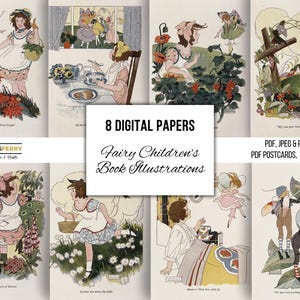 Illustrazioni di libri di fiabe d'epoca, materiale effimero stampabile, arte murale per bambini, scrapbooking di diari spazzatura, creazione di biglietti, persone estive 1920