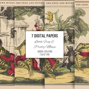 Ilustraciones de libros victorianos antiguos de ranas y ratones, material efímero imprimible, arte mural para guarderías, álbumes de recortes para diarios basura, confección de tarjetas, 1852