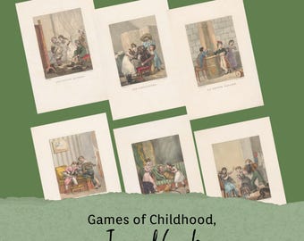 Vintage Regency Era Children Journal Cards Printable – French 1824 Antique Illustrations – Shabby Chic Ephemera – Kids Playing Art