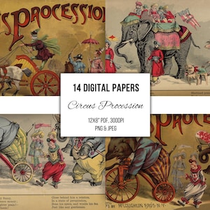 Ilustraciones de libros antiguos, material efímero imprimible, arte mural, álbumes de recortes para diarios basura, creación de tarjetas, impresiones para guarderías, procesión de circo de 1888