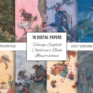 Illustrazioni di libri per bambini inglesi d'epoca, materiale effimero stampabile, arte murale per bambini, scrapbooking di diari spazzatura, creazione di biglietti, 1925