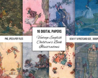 Vintage English Children's Book Illustrations: Printable Ephemera (Digital Download)