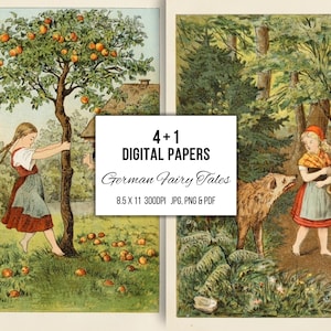 Ilustraciones de libros infantiles antiguos de cuentos de hadas alemanes, material efímero imprimible, arte de pared para guardería, álbumes de recortes para diarios basura, confección de tarjetas