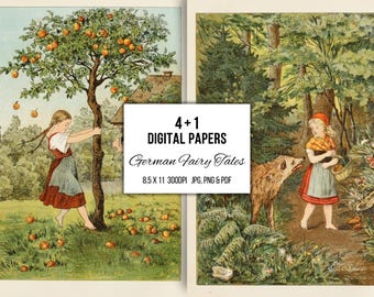 German Fairy Tales Vintage Children's Book Illustrations, Printable Ephemera, Nursery Wall Art, Junk Journal Scrapbooking, Card Making