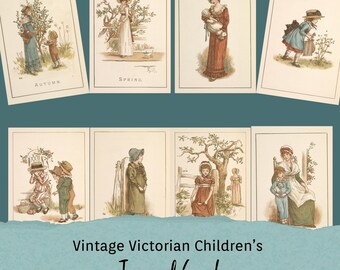 Vintage Victorian Children's Journal Cards, Antique Storybook Illustrations