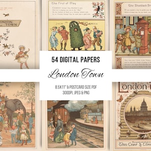 Ilustraciones de libros infantiles victorianos antiguos, material efímero imprimible, arte mural, álbumes de recortes, fabricación de tarjetas, ciudad de Londres 1883