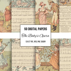 Ilustraciones y partituras de libros infantiles de la época victoriana, material efímero imprimible, arte mural para guarderías, álbumes de recortes para diarios basura, confección de tarjetas