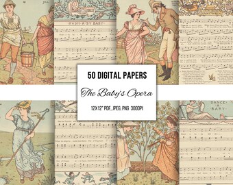 Vintage Victorian Children's Book Illustrations & Sheet Music, Printable Ephemera, Nursery Wall Art, Junk Journal Scrapbooking, Card Making