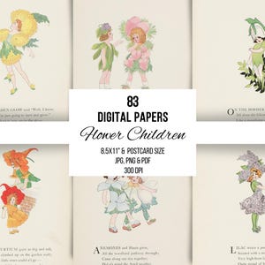 Ilustraciones y poemas de libros infantiles antiguos de Flower Children, material efímero imprimible, arte mural, álbumes de recortes, fabricación de tarjetas, 1910