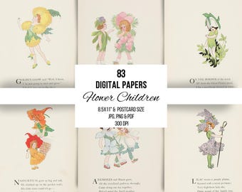Flower Children Vintage Children's Book Illustrations and Poem, Printable Ephemera, Wall Art, Junk Journal Scrapbooking, Card Making, 1910