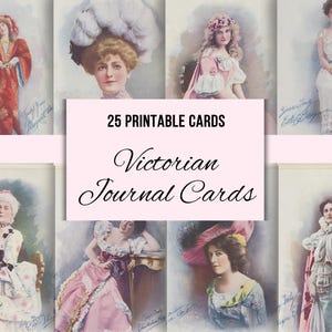 Op de afbeelding: Een verzameling van 25 afdrukbare Victoriaanse journaalkaarten met portretten van vrouwen in kleding uit die tijd. De kaarten hebben een roze banner met de tekst "25 Printable Cards" en "Victorian Journal Cards" in een scriptlettertype.