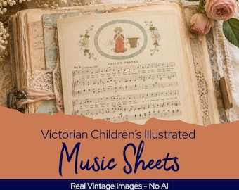 Victorian Children Illustrated Music Sheets, Printable Junk Journal Ephemera, Vintage Floral Antique Art