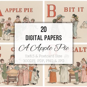 A - Ilustraciones de libros infantiles antiguos de tarta de manzana, material efímero imprimible, arte mural, álbumes de recortes, fabricación de tarjetas, 1900