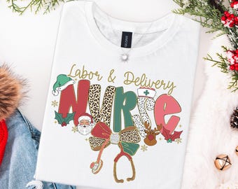 Chemise de Noël pour infirmière de travail et d'accouchement, sweat-shirt d'infirmière L&D, t-shirts de Noël d'IA, t-shirts d'infirmière de travail assortis, col rond preppy, cadeau d'infirmière OB
