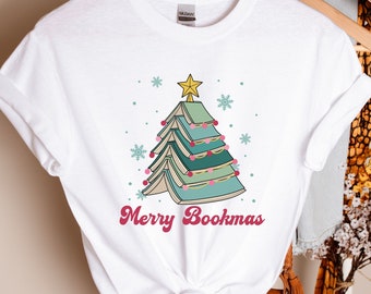 Maglietta con albero di libri di Natale: maglietta da bibliotecario topo di biblioteca