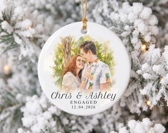 Custom Watercolor Engagement Ceramic Ornament, Personalized Keepsake for Newly Engaged Couples, First Christmas Engaged Gift For Fiancée