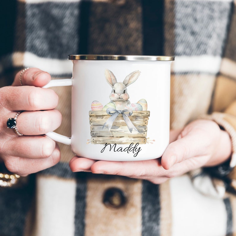 Custom Cute Easter Mug, Personalised Easter Gift for Girl, Easter mug personalised for kids, Camping mug enamel, Bunny Mug for Easter image 1