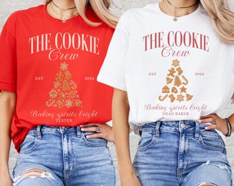 カスタムクッキークルーシャツ、クリスマスベーキングシャツ、お揃いのファミリークリスマスシャツ、クッキーベーキングクルーTシャツ、クッキー愛好家へのギフト、