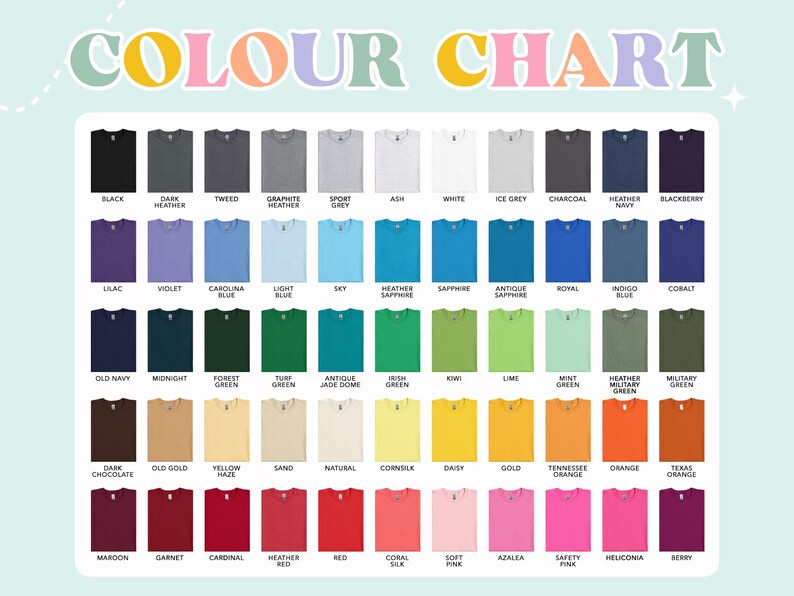 a color chart for a shirt with different colors