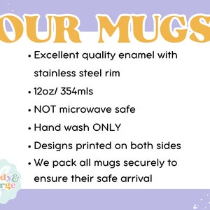 a sign that says our mugs excellent quality email with stainless steel rim