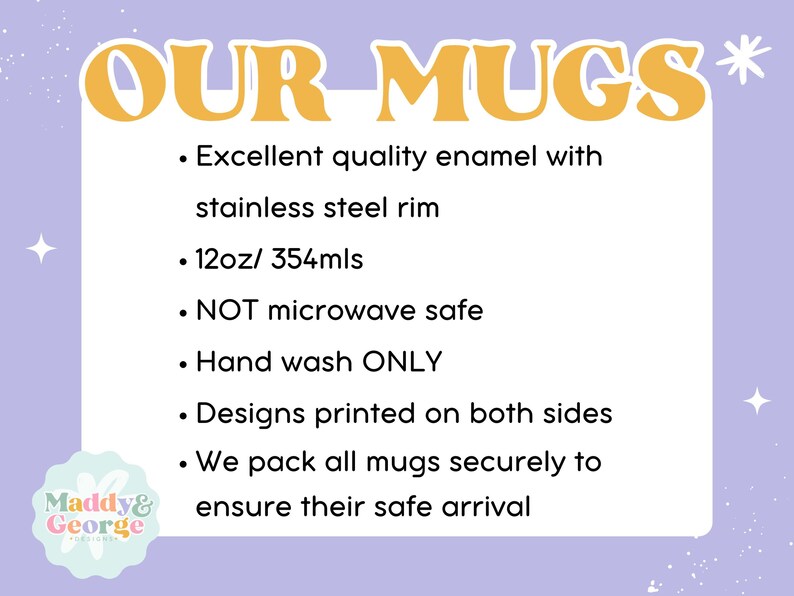 a sign that says our mugs excellent quality email with stainless steel rim