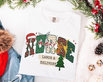 Christmas Labor And Delivery Nurse Comfort Colors Shirt, L&D Nurse Christmas Tees, OB Nurse Christmas Gift, Matching Holiday, Faux Glitter