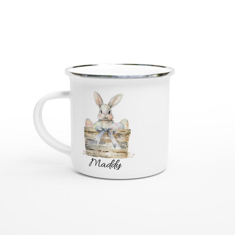 Custom Cute Easter Mug, Personalised Easter Gift for Girl, Easter mug personalised for kids, Camping mug enamel, Bunny Mug for Easter image 4