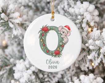 Children's Initial Ornament, Personalised Kids Christmas Ornament, Custom Koala Gift, Name Ornament for Kids, Australian Christmas