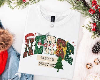 Christmas Labor And Delivery Nurse Shirt, L&D Nurse Holidays T-Shirt, OB Nurse Christmas Gift, Matching Labor Nurse Tees, Faux Glitter