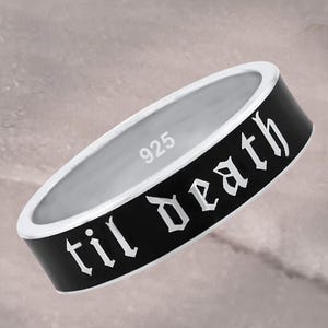 6mm Wide Til Death Black Enamel Band Ring, Promise Ring, Gift for Her, Gift for Him, Anniversary and Wedding Ring - 925 Sterling Silver