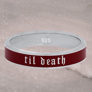 4mm Wide Til Death Rustic Red Enamel Band Ring, Promise Ring, Gift for Her, Gift for Him, Anniversary and Wedding Ring - 925 Sterling Silver