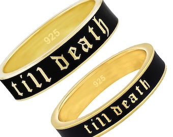 6mm or 4mm Wide Till Death Black Enamel Band Ring, Promise Ring, Gift for Her, Gift for Him, Anniversary and Wedding Ring, Christmas Gift