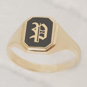 Anillo con sello de esmalte negro y letra inicial, anillo con inicial para hombre y mujer, anillo con letra personalizada, regalo para él, regalo para ella - Plata 925