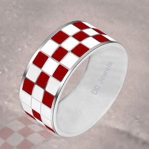 8mm Wide Checkerboard Ring, Red & White Enamel Ring, Chess Ring, Inspired Jewelry, Couple Ring, Geometric Ring, Checker Ring - 925 Silver