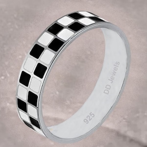6mm Wide Checkerboard Ring, Black & White Enamel Ring, Chess Ring, Inspired Jewelry, Couple Ring, Geometric Ring, Checker Ring - 925 Silver