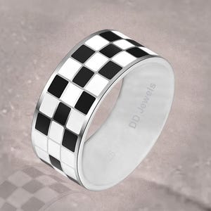 8mm Wide Checkerboard Ring, Black & White Enamel Ring, Chess Ring, Inspired Jewelry, Couple Ring, Geometric Ring, Checker Ring - 925 Silver