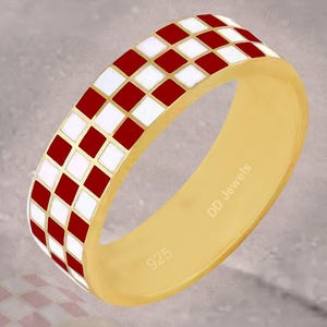 8mm Wide Checkerboard Ring, Red & White Enamel Ring, Chess Ring, Inspired Jewelry, Couple Ring, Geometric Ring, Checker Ring - 925 Silver