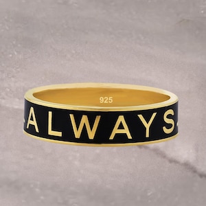 6mm Wide ALWAYS Black Enamel Band Ring, Promise Ring, Gift for Her, Gift for Him, Anniversary and Wedding Ring - 925 Sterling Silver