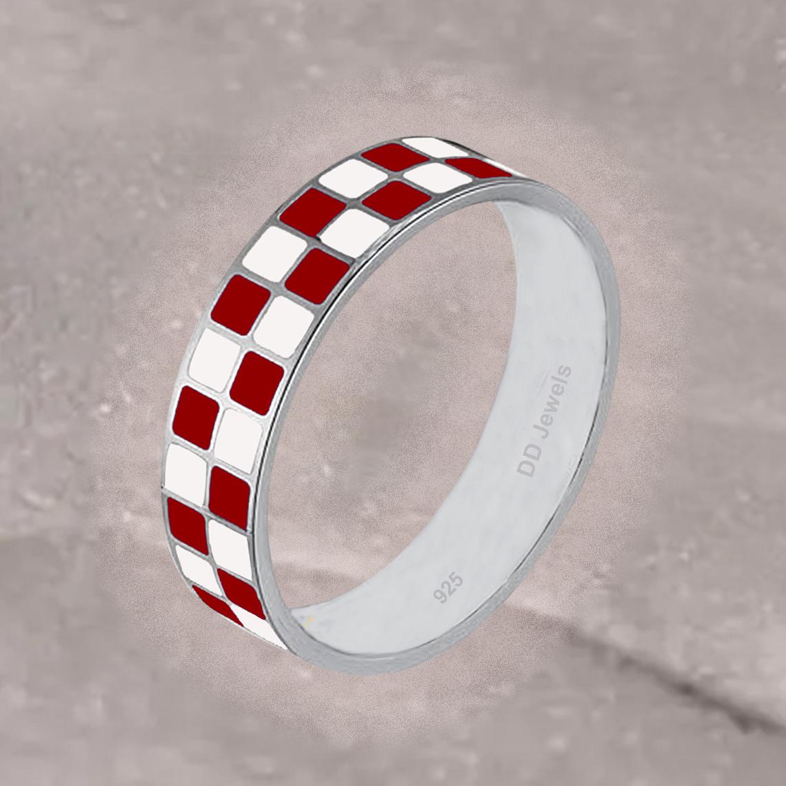 6mm Wide Checkerboard Ring, Red & White Enamel Ring, Chess Ring, Inspired Jewelry, Couple Ring, Geometric Ring, Checker Ring - 925 Silver